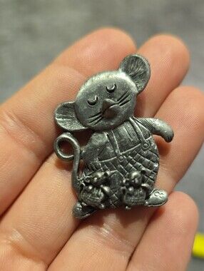 Vintage Torino Pewter Mother Mouse Brooch & Baby Mice Earrings Set 1970s 1980s